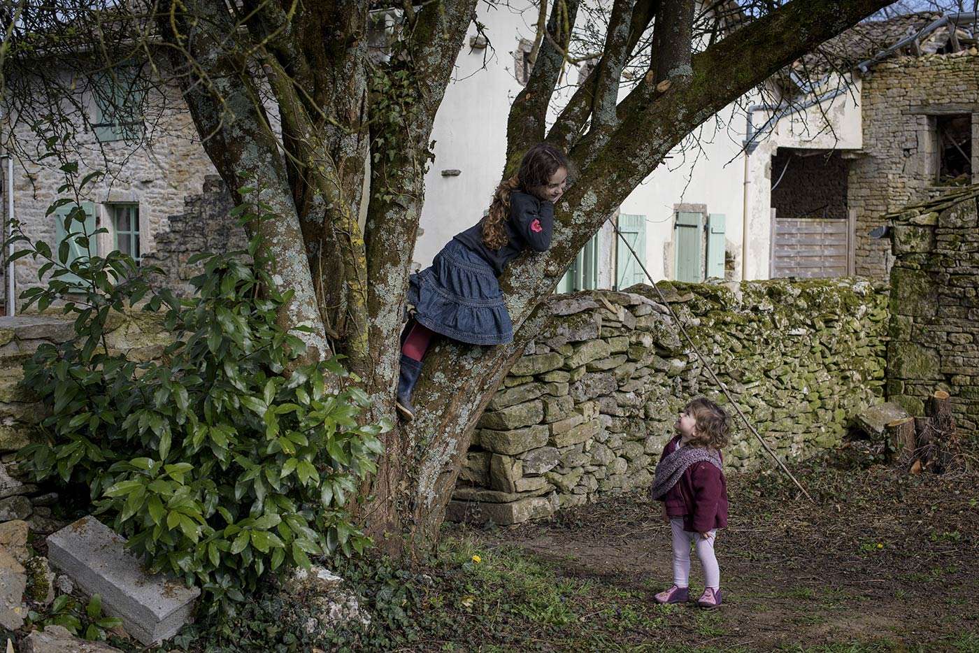 Soline and Florence, the two daughters of Nicolas and Fanny, playing in the tree near the family home.